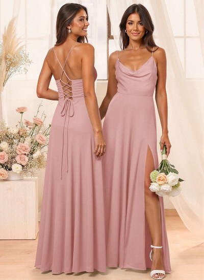 A-Line Cowl Neck Sleeveless Floor-Length Chiffon Bridesmaid Dresses With Split Front
