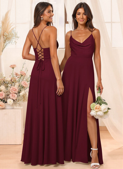 A-Line Cowl Neck Sleeveless Floor-Length Chiffon Bridesmaid Dresses With Split Front