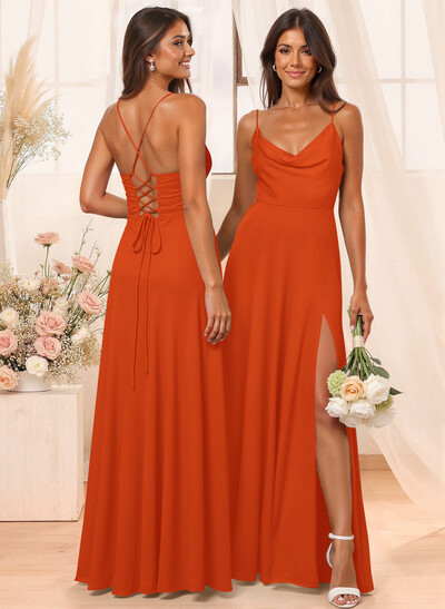 A-Line Cowl Neck Sleeveless Floor-Length Chiffon Bridesmaid Dresses With Split Front