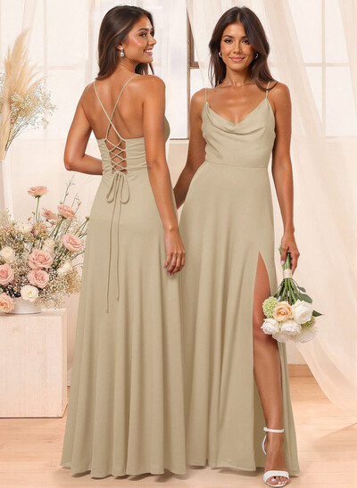 A-Line Cowl Neck Sleeveless Floor-Length Chiffon Bridesmaid Dresses With Split Front