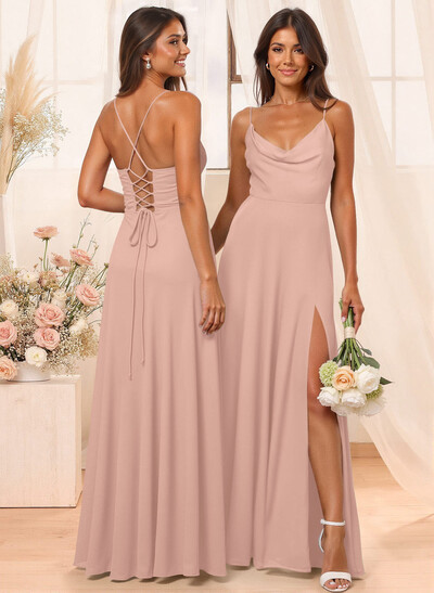 A-Line Cowl Neck Sleeveless Floor-Length Chiffon Bridesmaid Dresses With Split Front