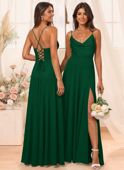 A-Line Cowl Neck Sleeveless Floor-Length Chiffon Bridesmaid Dresses With Split Front
