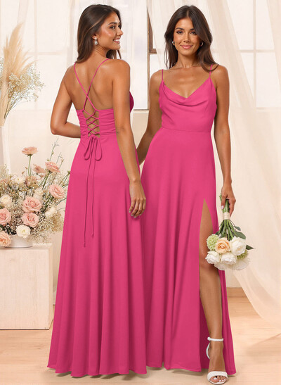 A-Line Cowl Neck Sleeveless Floor-Length Chiffon Bridesmaid Dresses With Split Front