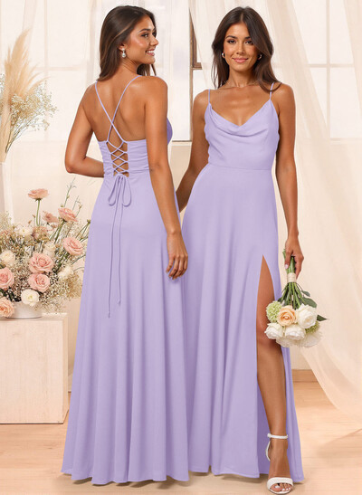 A-Line Cowl Neck Sleeveless Floor-Length Chiffon Bridesmaid Dresses With Split Front