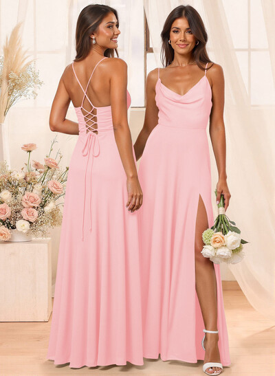 A-Line Cowl Neck Sleeveless Floor-Length Chiffon Bridesmaid Dresses With Split Front