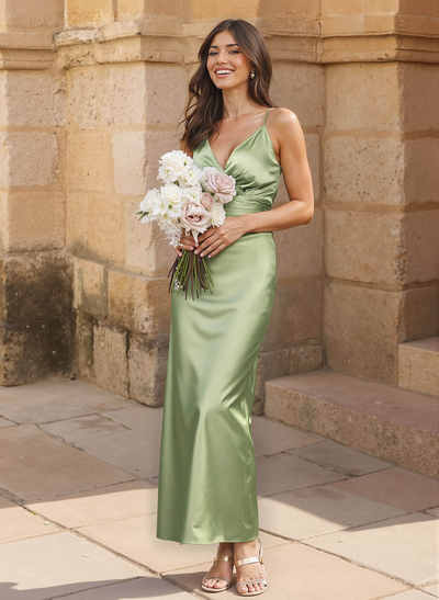 A-Line V-Neck Sleeveless Ankle-Length Stretch Satin Knit Bridesmaid Dresses With Bow(s)