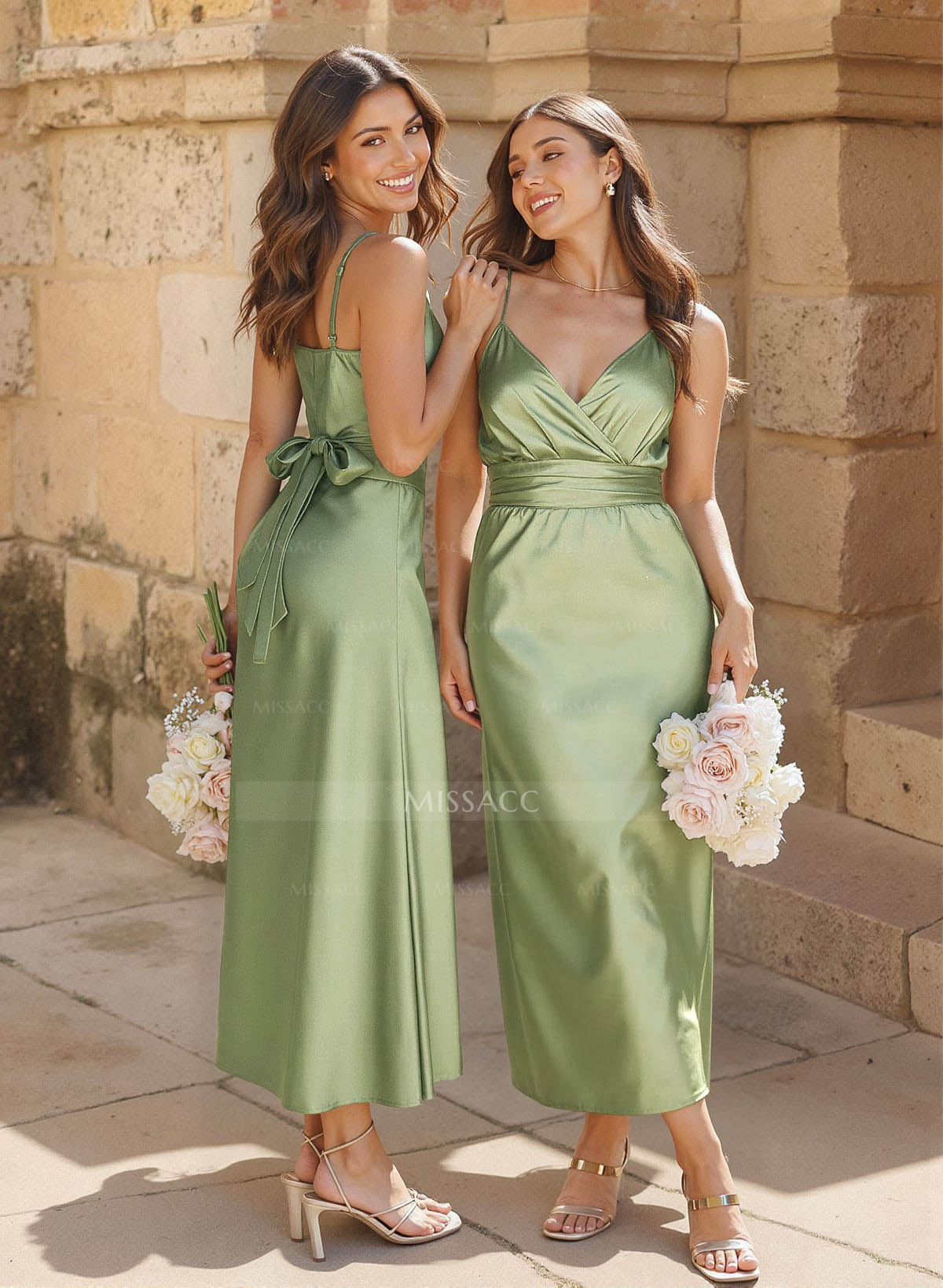 A-Line V-Neck Sleeveless Ankle-Length Stretch Satin Knit Bridesmaid Dresses With Bow(s)