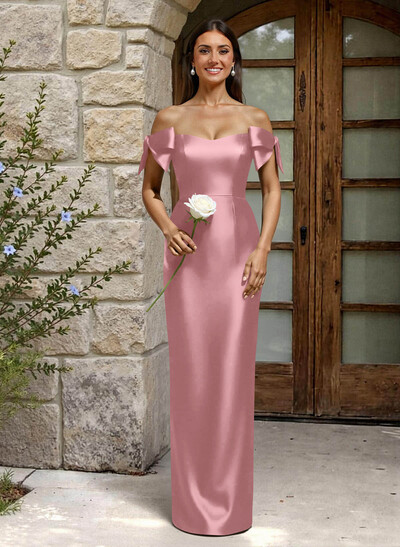 Sheath/Column Off-The-Shoulder Floor-Length Satin Bridesmaid Dresses With Bow(s)