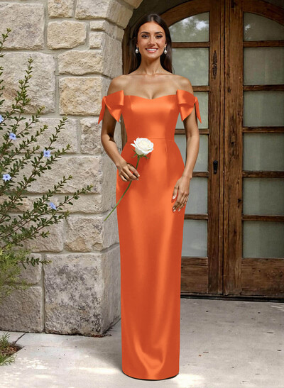 Sheath/Column Off-The-Shoulder Floor-Length Satin Bridesmaid Dresses With Bow(s)