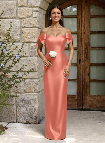 Sheath/Column Off-The-Shoulder Floor-Length Satin Bridesmaid Dresses With Bow(s)