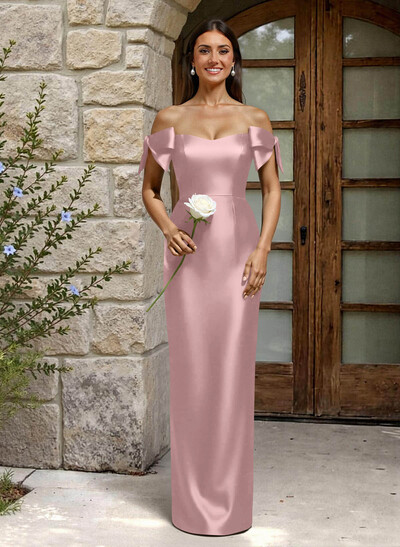 Sheath/Column Off-The-Shoulder Floor-Length Satin Bridesmaid Dresses With Bow(s)