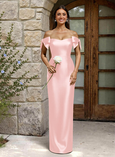 Sheath/Column Off-The-Shoulder Floor-Length Satin Bridesmaid Dresses With Bow(s)