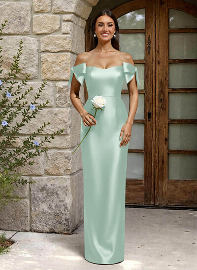 Sheath/Column Off-The-Shoulder Floor-Length Satin Bridesmaid Dresses With Bow(s)