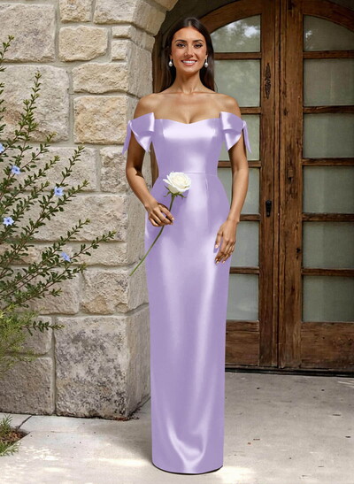 Sheath/Column Off-The-Shoulder Floor-Length Satin Bridesmaid Dresses With Bow(s)