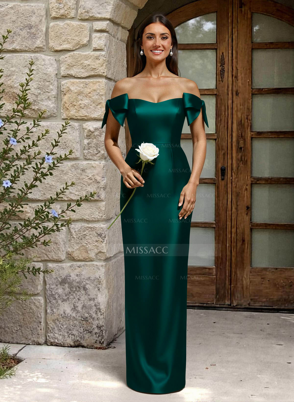 Sheath/Column Off-The-Shoulder Floor-Length Satin Bridesmaid Dresses With Bow(s)