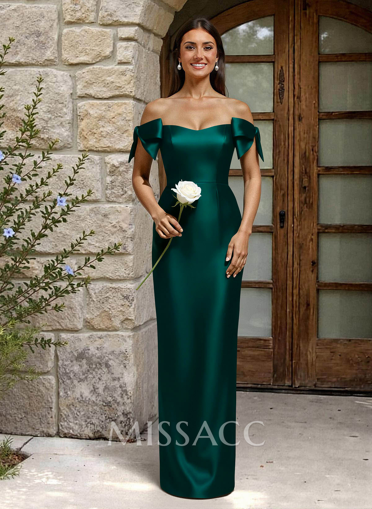 Sheath/Column Off-The-Shoulder Floor-Length Satin Bridesmaid Dresses With Bow(s) Sheath/Column Off-The-Shoulder Floor-Length Satin Bridesmaid Dresses With Bow(s)