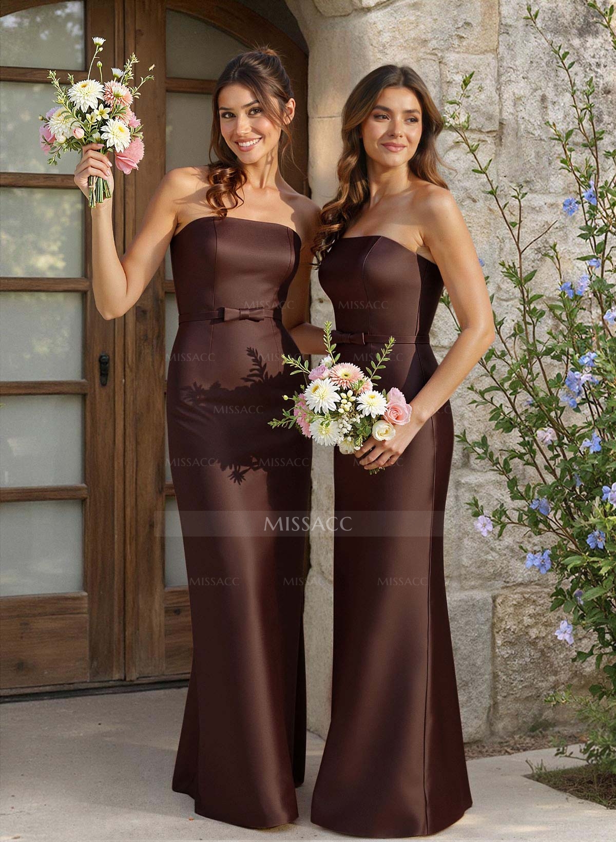Sheath/Column Sweetheart Floor-Length Satin Bridesmaid Dresses With Bow(s)/Back Slit