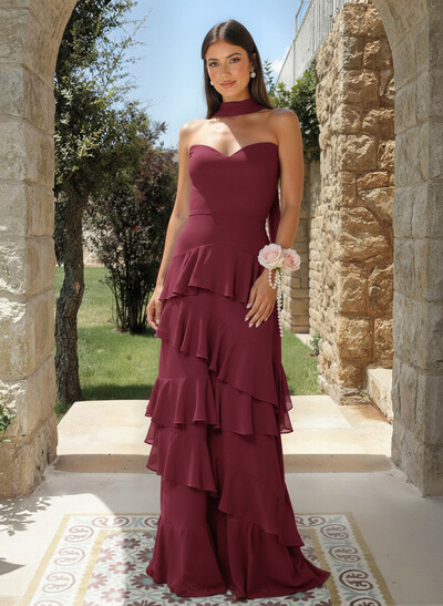 A-Line Sweetheart Floor-Length Chiffon Bridesmaid Dresses With Cascading Ruffles
