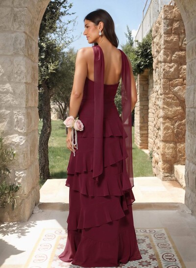 A-Line Sweetheart Floor-Length Chiffon Bridesmaid Dresses With Cascading Ruffles