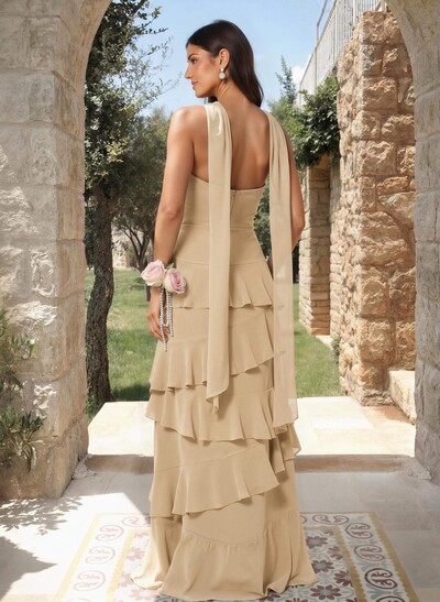 A-Line Sweetheart Floor-Length Chiffon Bridesmaid Dresses With Cascading Ruffles