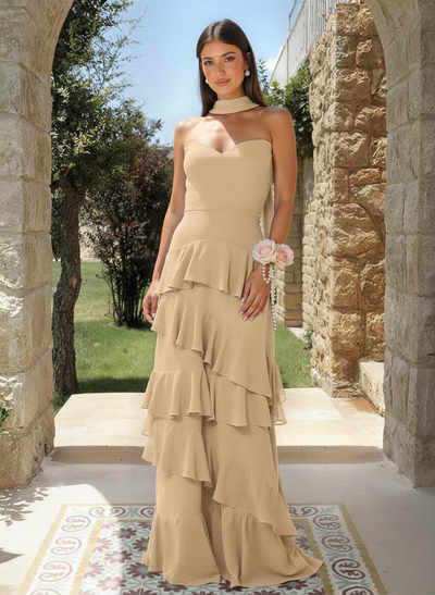 A-Line Sweetheart Floor-Length Chiffon Bridesmaid Dresses With Cascading Ruffles