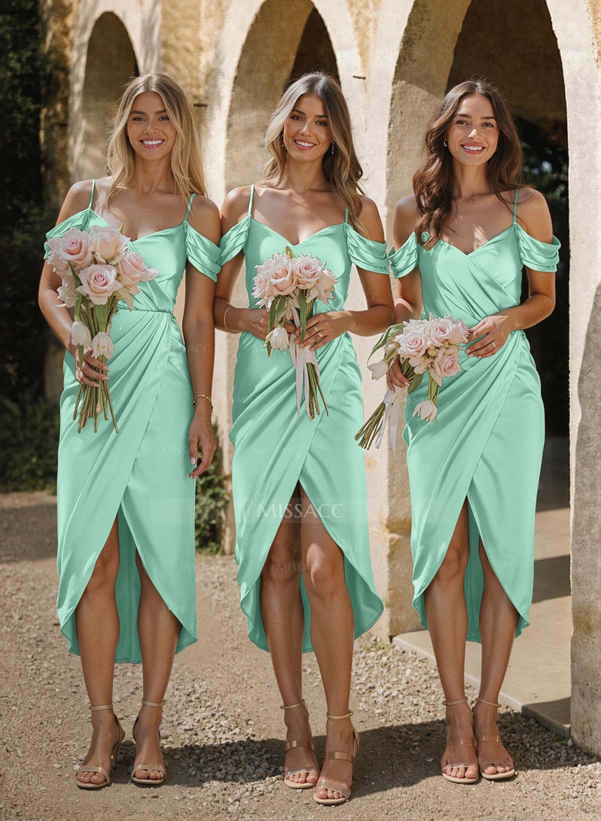 Sheath/Column V-Neck Short Sleeves Tea-Length Charmeuse Bridesmaid Dresses With High Split