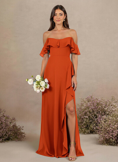A-Line Sweetheart Floor-Length Chiffon Bridesmaid Dresses With High Split/Shoulder Ruffle