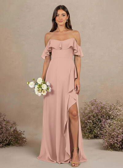 A-Line Sweetheart Floor-Length Chiffon Bridesmaid Dresses With High Split/Shoulder Ruffle