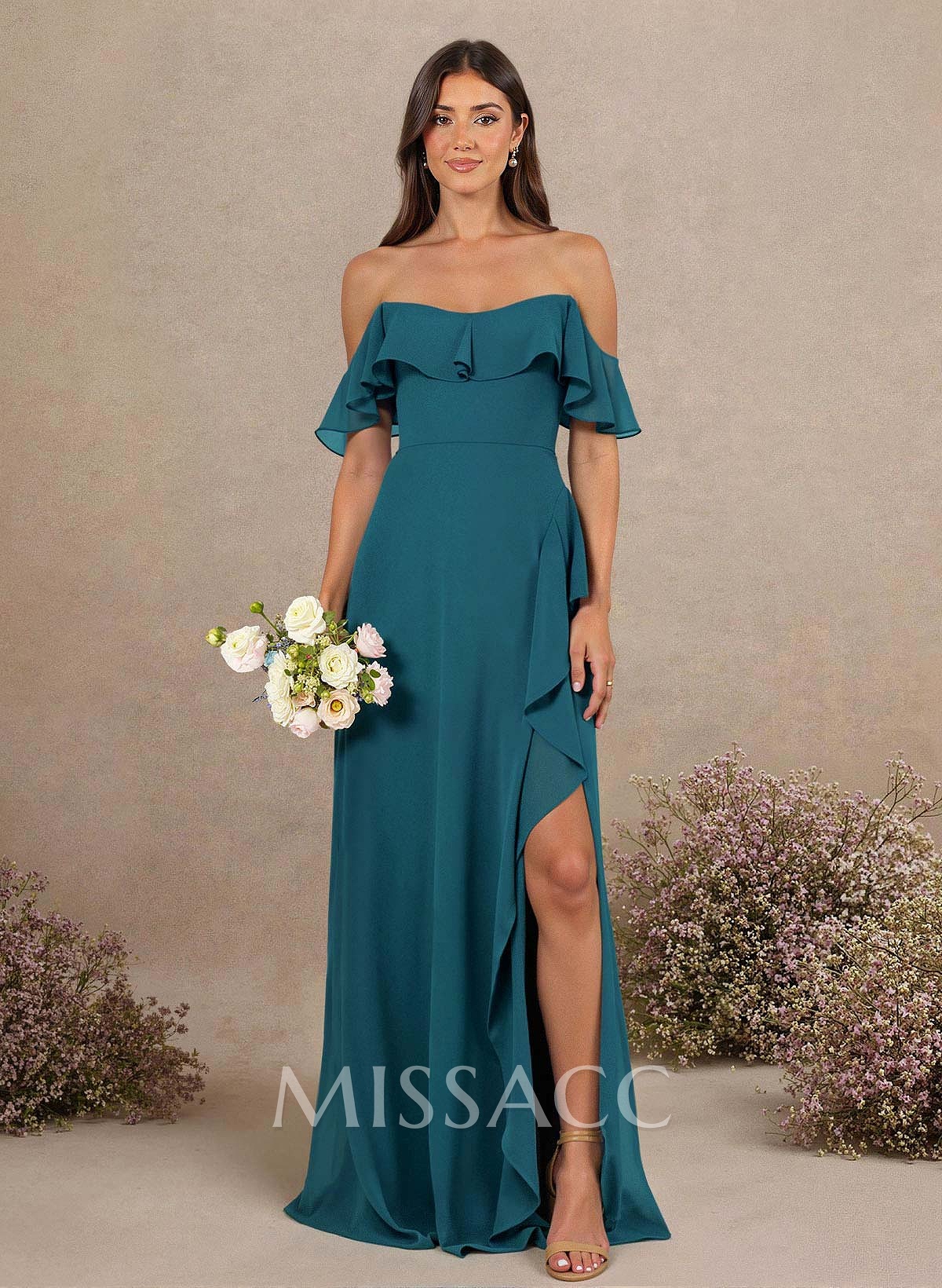 A-Line Sweetheart Floor-Length Chiffon Bridesmaid Dresses With High Split/Shoulder Ruffle A-Line Sweetheart Floor-Length Chiffon Bridesmaid Dresses With High Split/Shoulder Ruffle