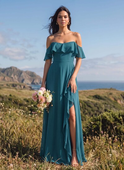 A-Line Sweetheart Floor-Length Chiffon Bridesmaid Dresses With High Split/Shoulder Ruffle