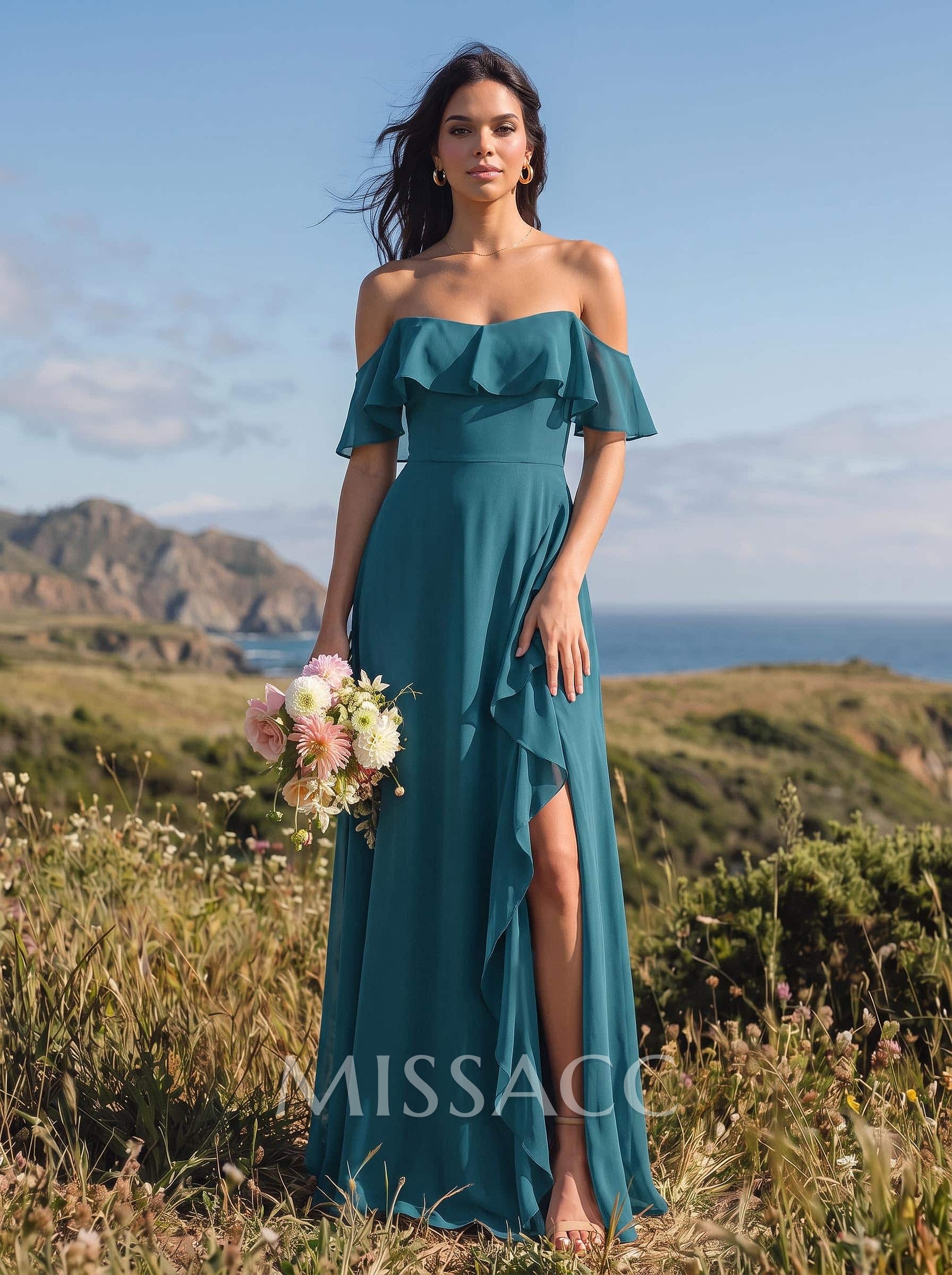A-Line Sweetheart Floor-Length Chiffon Bridesmaid Dresses With High Split/Shoulder Ruffle A-Line Sweetheart Floor-Length Chiffon Bridesmaid Dresses With High Split/Shoulder Ruffle