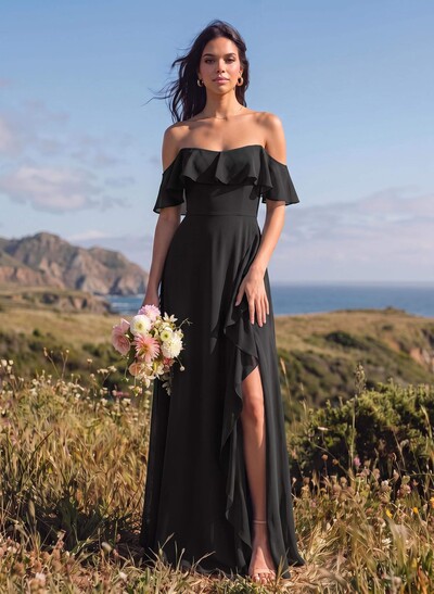 A-Line Sweetheart Floor-Length Chiffon Bridesmaid Dresses With High Split/Shoulder Ruffle