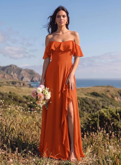 A-Line Sweetheart Floor-Length Chiffon Bridesmaid Dresses With High Split/Shoulder Ruffle