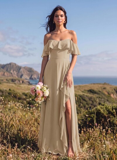 A-Line Sweetheart Floor-Length Chiffon Bridesmaid Dresses With High Slit And Shoulder Frills