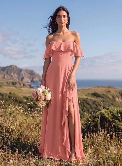 A-Line Sweetheart Floor-Length Chiffon Bridesmaid Dresses With High Split/Shoulder Ruffle