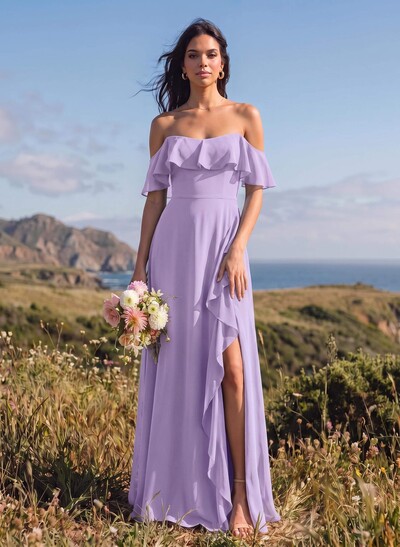 A-Line Sweetheart Floor-Length Chiffon Bridesmaid Dresses With High Split/Shoulder Ruffle