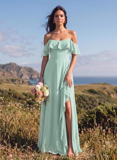A-Line Sweetheart Floor-Length Chiffon Bridesmaid Dresses With High Split/Shoulder Ruffle