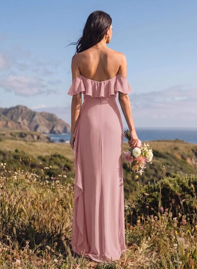 A-Line Sweetheart Floor-Length Chiffon Bridesmaid Dresses With High Slit And Shoulder Ruffles