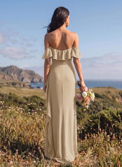 A-Line Sweetheart Floor-Length Chiffon Bridesmaid Dresses With High Slit And Shoulder Frills