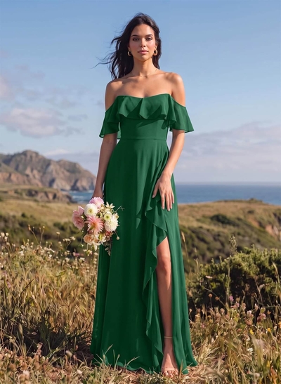 A-Line Sweetheart Floor-Length Chiffon Bridesmaid Dresses With High Split/Shoulder Ruffle