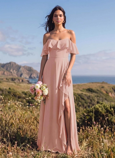 A-Line Sweetheart Floor-Length Chiffon Bridesmaid Dresses With High Split/Shoulder Ruffle
