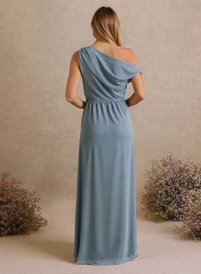 A-Line One-Shoulder Short Sleeves Floor-Length Chiffon Bridesmaid Dresses With High Split
