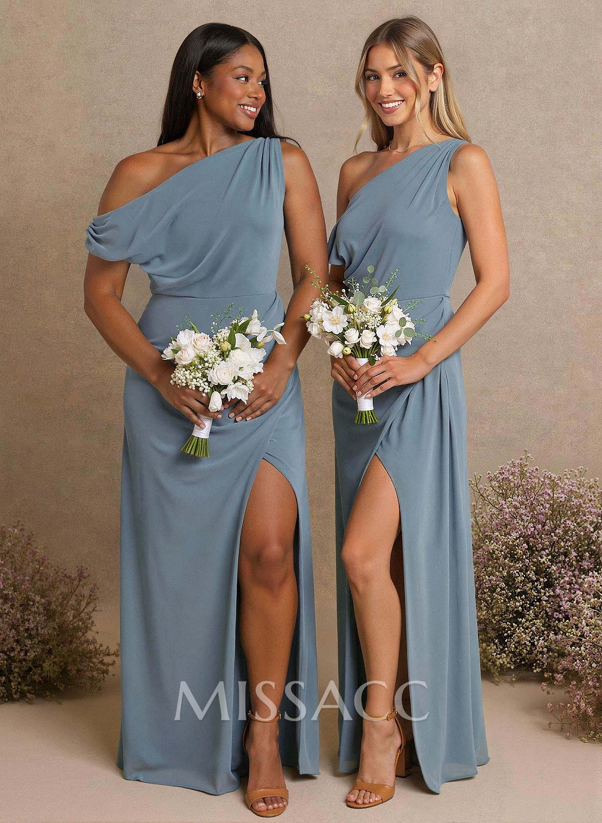 A-Line One-Shoulder Short Sleeves Floor-Length Chiffon Bridesmaid Dresses With High Split