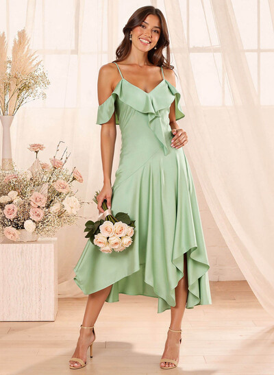A-Line V-Neck Short Sleeves Tea-Length Crepe Satin Bridesmaid Dresses With Shoulder Ruffle