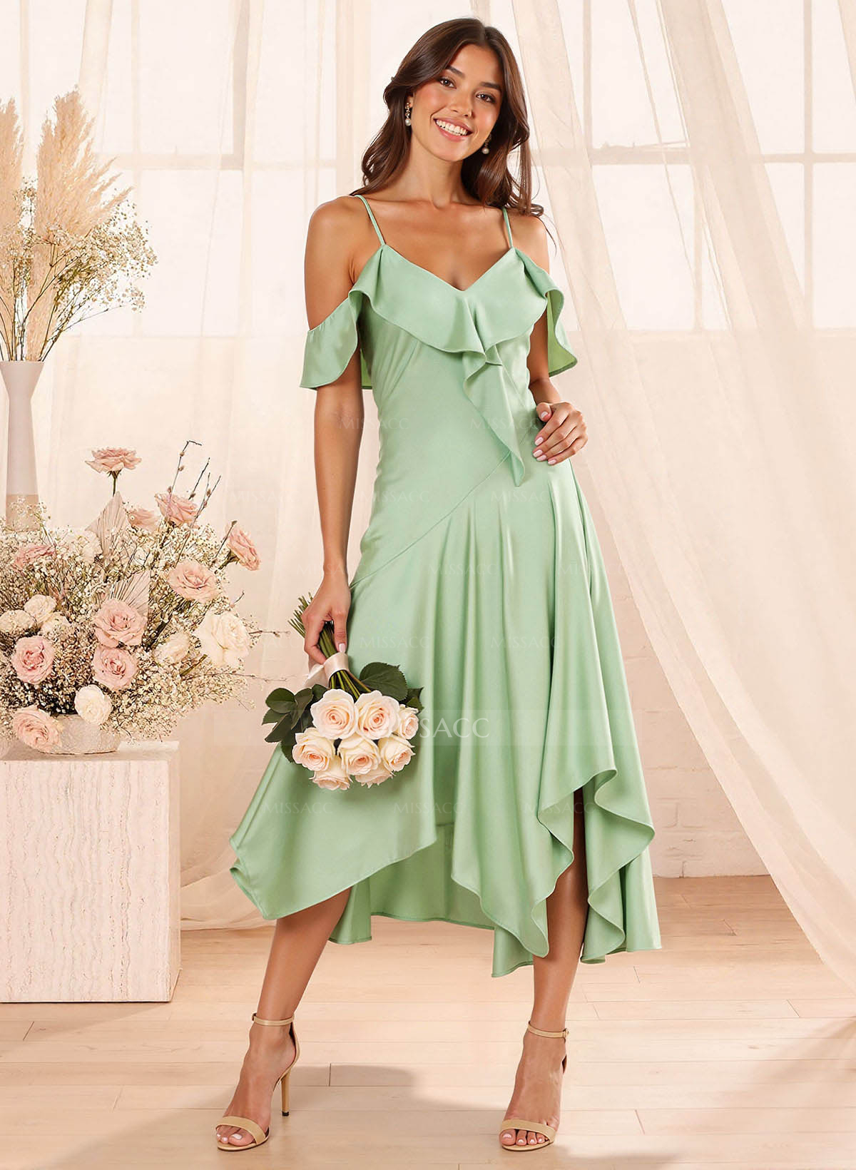A-Line V-Neck Short Sleeves Tea-Length Crepe Satin Bridesmaid Dresses With Shoulder Ruffle