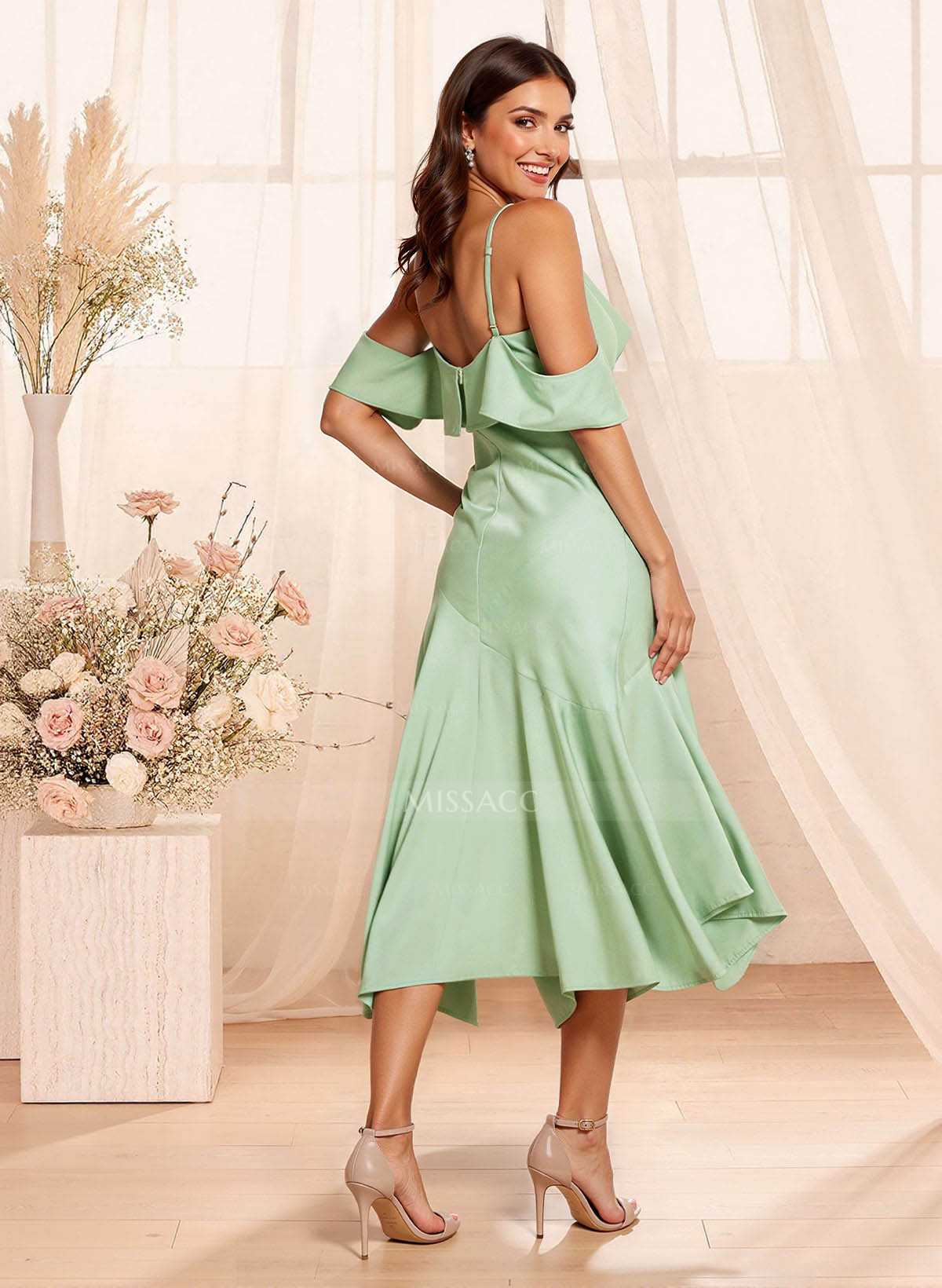 A-Line V-Neck Short Sleeves Tea-Length Crepe Satin Bridesmaid Dresses With Shoulder Ruffle