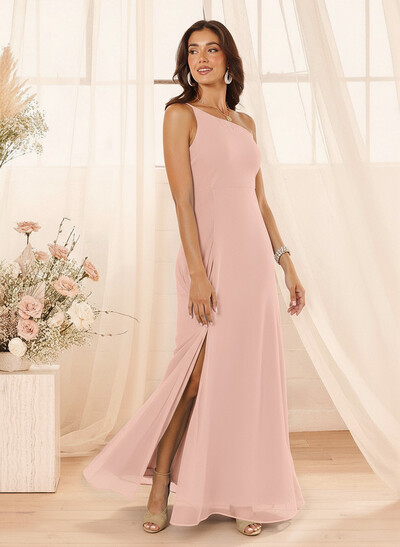 A-Line Asymmetrical Sleeveless Floor-Length Chiffon Bridesmaid Dresses With High Split