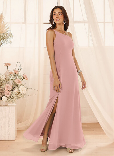 A-Line Asymmetrical Sleeveless Floor-Length Chiffon Bridesmaid Dresses With High Split