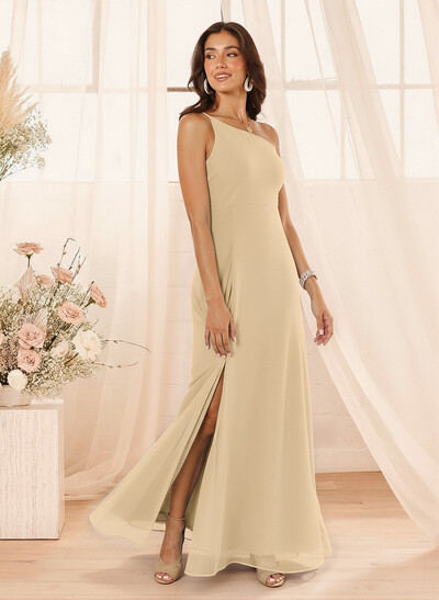 A-Line Asymmetrical Sleeveless Floor-Length Chiffon Bridesmaid Dresses With High Split