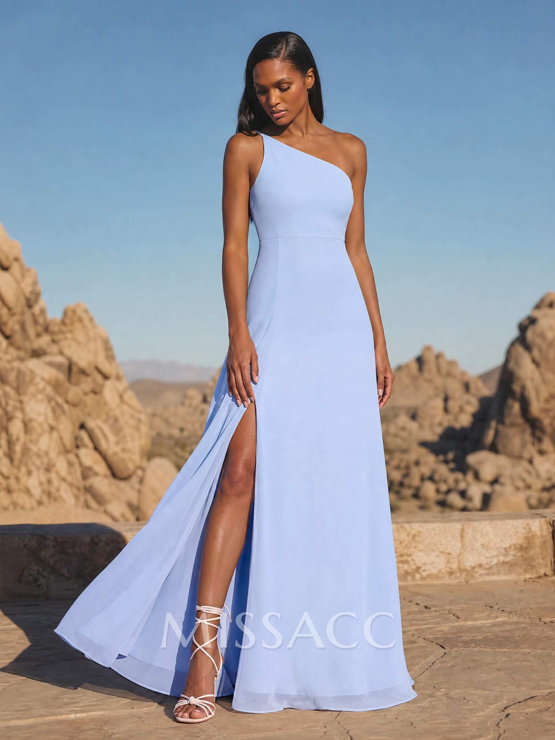 A-Line Asymmetrical Sleeveless Floor-Length Chiffon Bridesmaid Dresses With High Split A-Line Asymmetrical Sleeveless Floor-Length Chiffon Bridesmaid Dresses With High Split